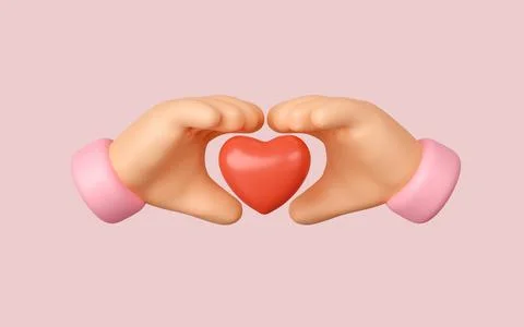 3d icon hands gesture with red heart. cartoon heart symbol isolated on pink Stock Illustration