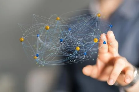 3D icon of the internet and network with a hand of a man in the background 库存照片