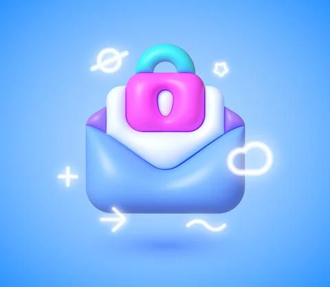 3d icon neon with mail secure for web design. Data protection. Web banner. 3d Stock Illustration