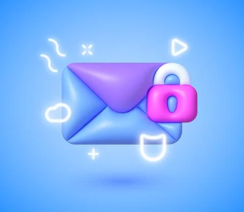 3d icon neon with mail secure for web design. Data protection. Web banner. 3d Stock Illustration