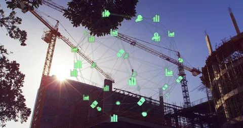 3D icon network with construction site background 库存照片