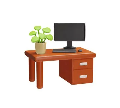 3d icon office desk with computer and plant vector illustration イラスト素材
