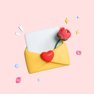 3d icon open envelope love letter, mail letter with red heart. Realistic Stock Illustration