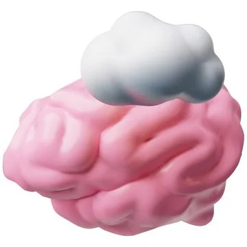 A 3D icon of a pink human brain with a gray cloud over it. Stock Illustration