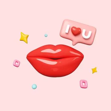 3d icon red lips with message dialog I love you. Realistic Elements for romantic Stock Illustration