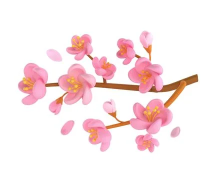 3D icon render spring Cherry Blossom Sakura branch illustration. Simple and cute 스톡 일러스트