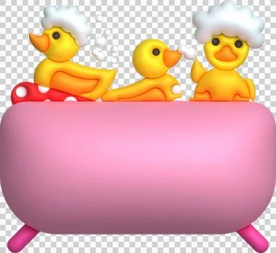 3D icon. Rubber duck playing with bubble water or bath toy in bathtub. 스톡 일러스트