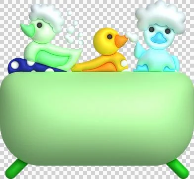3D icon. Rubber duck playing with bubble water or bath toy in bathtub. Stock Illustration