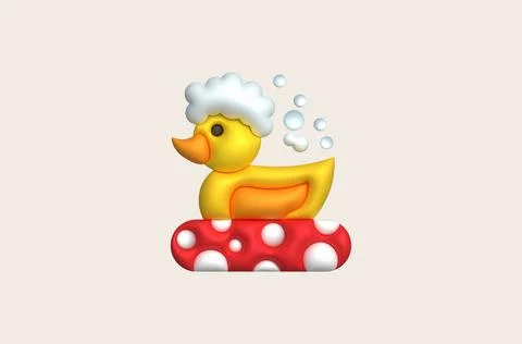 3d icon. Rubber duck playing in bubble bath or bath toy with rubber ring. C.. Illustrazione stock