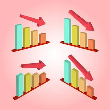 3d icon set of decreasing or declining bar chart graph with red arrow 스톡 일러스트