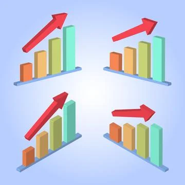 3d icon set of growing bar chart with rising arrow Stock Illustration