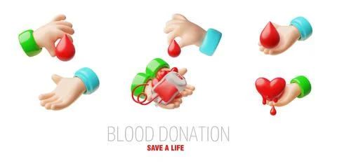 3D icon set of hands, with a drop of blood, donor bag, dripping heart Stock Illustration