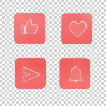 3d icon set like, love, notification and send glass color with cube pink Stock Illustration