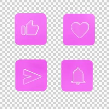 3d icon set like, love, notification and send glass color with cube purple Stock Illustration