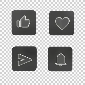 3d icon set like, love, notification and send glass color with cube black Illustrazione stock