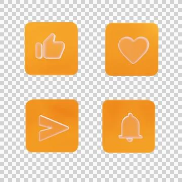 3d icon set like, love, notification and send glass color with cube orange Stock Illustration