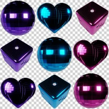 3d icon set of metallic disco ball heart dice shapes retro pop groovy 70s Illustrazione stock