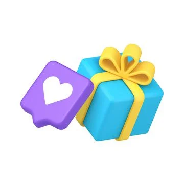 3D icon showing a blue gift box wrapped with a yellow ribbon and purple favor Illustration