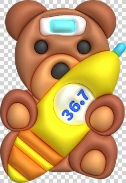 3D icon.Fever temperature measuring device and a teddy bear and a fever red.. Illustrazione stock