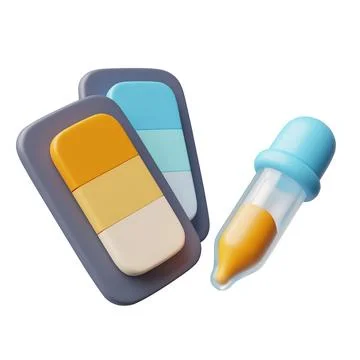 3D icons of color palette samples, orange and blue colors and pipette. Stock Illustration