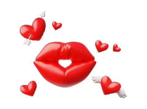 3D icons in the form of balloons in shape of hearts with wings ,arrows, lips Ilustração Stock