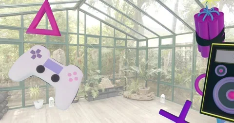 3D icons materializing, drifting and rotating inside glass conservatory to Stock Footage 317406101