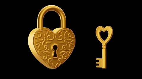3d Idle loop animation of golden heart padlock with golden key on black screen Vídeo Stock 247048227