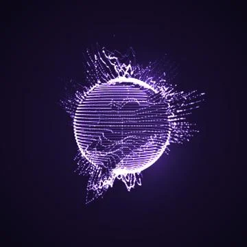 3D illuminated distorted sphere of glowing particles and wirefra Stock Illustration