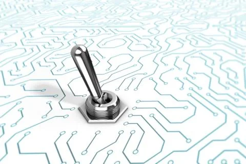 3D Illustrated Chrome Toggle Switch on a Blue Circuit Board Background Stock Illustration