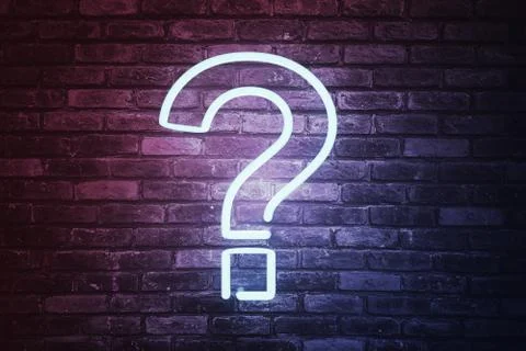3D illustrated question mark with led light on brick wall background. Stock Illustration