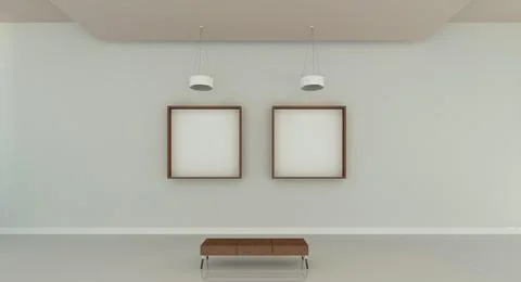 3d illustration of 2 wooden rectangular frames at a modern gallery mockup. 스톡 일러스트