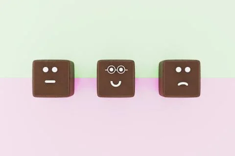 3D illustration of 3 cube shape face emoticons for a survey. Marketing and Stock Illustration