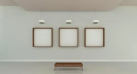 3d illustration of 3 wooden rectangular frames at a modern gallery mockup. Stock Illustration