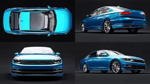 3d illustration. 3d rendering of a brandless generic blue car in a black stud Stock Illustration