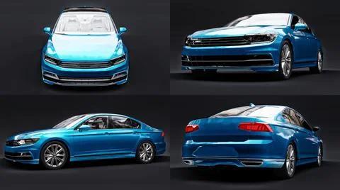 3d illustration. 3d rendering of a brandless generic blue car in a black stud Stock Illustration