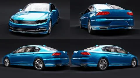 3d illustration. 3d rendering of a brandless generic blue car in a black stud Stock Illustration