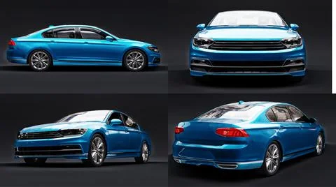 3d illustration. 3d rendering of a brandless generic blue car in a black stud Stock Illustration