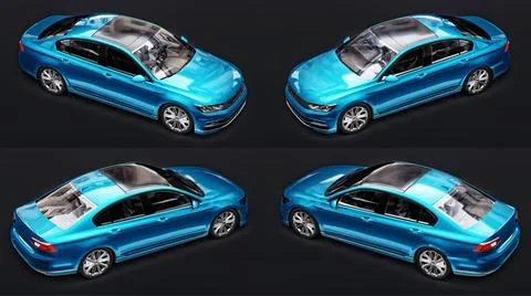 3d illustration. 3d rendering of a brandless generic blue car in a black stud Stock Illustration