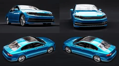 3d illustration. 3d rendering of a brandless generic blue car in a black stud Stock Illustration