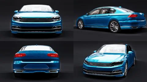 3d illustration. 3d rendering of a brandless generic blue car in a black stud Stock Illustration
