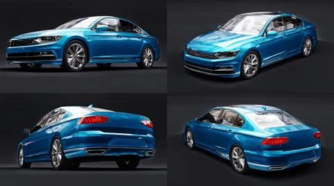 3d illustration. 3d rendering of a brandless generic blue car in a black stud Stock-Illustration