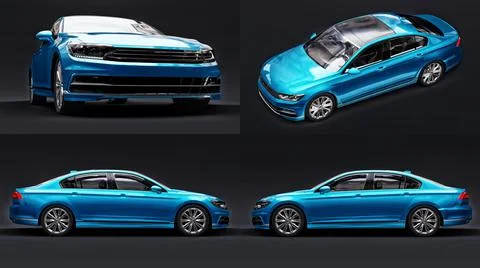 3d illustration. 3d rendering of a brandless generic blue car in a black stud Stock Illustration