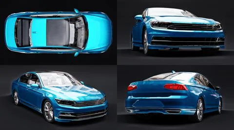 3d illustration. 3d rendering of a brandless generic blue car in a black stud Stock Illustration