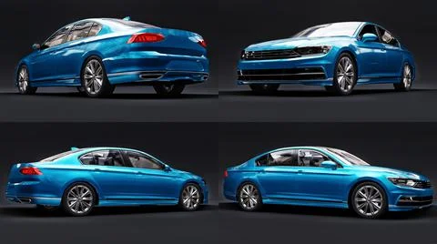 3d illustration. 3d rendering of a brandless generic blue car in a black stud Illustrazione stock