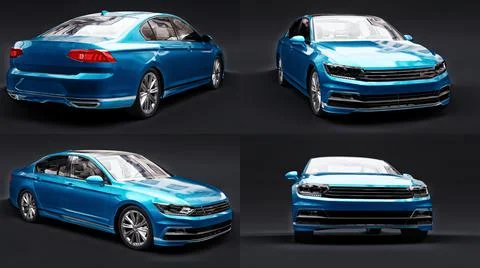 3d illustration. 3d rendering of a brandless generic blue car in a black stud Stock-Illustration