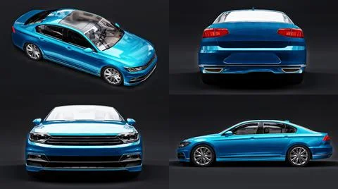 3d illustration. 3d rendering of a brandless generic blue car in a black stud Stock Illustration