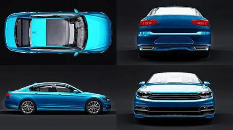 3d illustration. 3d rendering of a brandless generic blue car in a black stud Stock Illustration