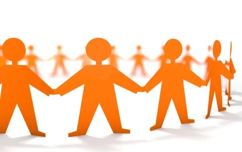 3d illustration, 3D rendering, Cut out paper orange men hold hands. Round dance Stock Illustration
