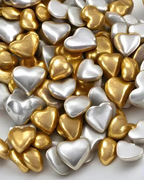 3D illustration ,3D rendering ,Lots of heart-shaped gold and platinum pebble Stock Photos