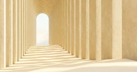 3d illustration, 3d rendering. Path under concrete arches in desert. Stock Illustration